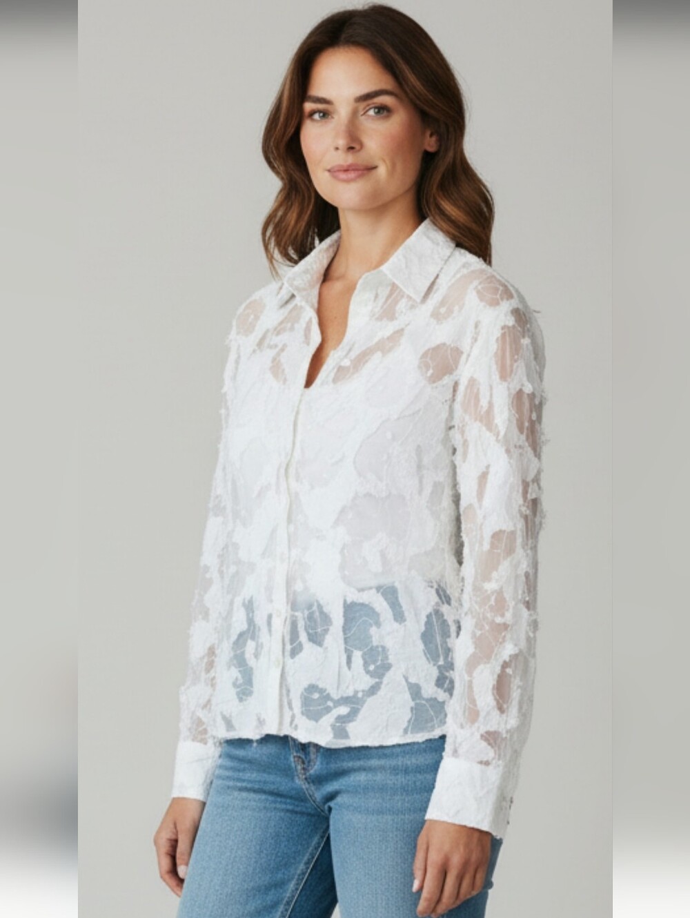 Anne Fontaine White Sheer Patch Button-Front Blouse Size 5 US Large